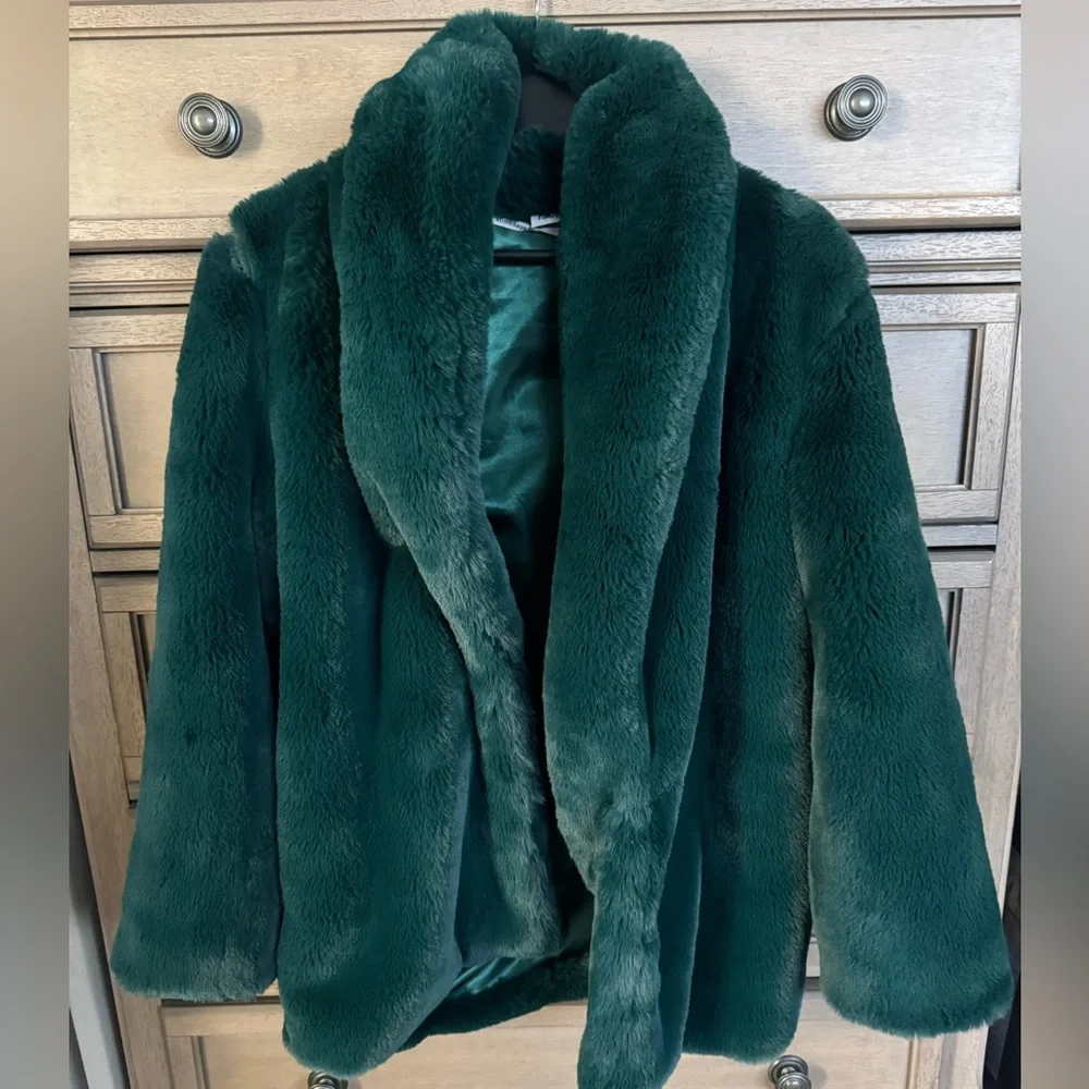 Somedays Lovin Forest Teal Green Faux Fur Jacket Coat - Picture 2 of 6